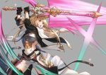  animal_ears armor blonde_hair breastplate cape commentary energy_sword erune gloves granblue_fantasy grey_background highres long_hair navel open_mouth pink_eyes solo sword weapon whisper_(wfox1234) yuisis_(granblue_fantasy) 