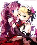  2girls :3 :d arm_cuffs artist_name backless_dress backless_outfit bangs bare_shoulders black_bow black_dress black_gloves black_ribbon blonde_hair blue_eyes blush bodice bow breasts candy_print choker cleavage cleavage_cutout copyright demon_wings dress elbow_gloves eyebrows_visible_through_hair eyelashes eyes_visible_through_hair frilled_choker frilled_shirt_collar frills glove_bow gloves green_eyes hair_bow hair_ornament hair_ribbon hand_behind_head head_wings heart highres hug ichinose_shiki idolmaster idolmaster_cinderella_girls idolmaster_cinderella_girls_starlight_stage lace lace-trimmed_shirt lace_trim lazy_lazy_(idolmaster) long_hair looking_at_viewer low_wings maid_headdress medium_breasts messy_hair miyamoto_frederica multiple_girls ninto open_mouth pearl purple_hair red_bow red_skirt ribbed_shirt ribbon sash shirt short_hair skirt sleeveless smile smug sparkle striped striped_bow twitter_username two_side_up upper_body very_long_hair wavy_hair white_background white_bow white_choker white_shirt wings yellow_bow 