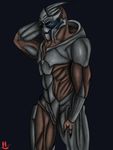  alien animal_genitalia anthro bioware digital_media_(artwork) garrus_vakarian genital_slit hadronighini hand_on_head male markings mass_effect not_furry nude shy simple_background slit solo standing turian video_games 