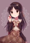  :o arm_at_side bad_id bad_pixiv_id bangs black_hair blouse bow brooch brown_background brown_bow brown_eyes brown_jacket brown_skirt buttons dot_nose engawa_(l_sv) food fruit hair_bow hairband high-waist_skirt highres holding holding_food idolmaster idolmaster_cinderella_girls idolmaster_cinderella_girls_starlight_stage jacket jewelry juliet_sleeves long_hair long_skirt long_sleeves looking_at_viewer open_mouth parted_bangs plaid plaid_bow plaid_skirt puffy_sleeves sailor_collar skirt solo strawberry tachibana_arisu upper_body white_blouse white_sailor_collar 