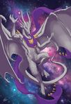  2018 anthro blue_eyes cosmic_background digital_media_(artwork) dragon featureless_crotch goldendruid horn male membranous_wings scalie solo western_dragon wings 