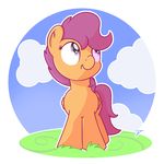  2018 alpha_channel cloud cub equine eyelashes feathered_wings feathers female friendship_is_magic full-length_portrait grass hair hi_res mammal my_little_pony nude outside pegasus portrait purple_eyes purple_hair scootaloo_(mlp) short_hair sky smile solo standing vaetan wings young 