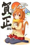  2016 ahoge animal_ears bangs black_legwear blush brown_eyes brown_hair cardigan cat_ears cat_girl cat_tail chinese_zodiac closed_mouth commentary_request egasumi eyebrows_visible_through_hair hair_between_eyes highres looking_at_viewer mizutan64 mount_fuji no_shoes object_hug orange_scarf original plaid plaid_skirt pleated_skirt red_skirt scarf signature skirt smile solo stuffed_animal stuffed_monkey stuffed_toy sun tail thighhighs white_background year_of_the_monkey 