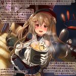  :d black_hat black_legwear black_skirt brown_eyes colored_pencil_(medium) commentary_request dated food gloves hat heterochromia holding kantai_collection kirisawa_juuzou light_brown_hair long_hair murasame_(kantai_collection) numbered open_mouth pleated_skirt red_eyes remodel_(kantai_collection) skirt smile solo traditional_media translation_request twitter_username white_gloves 