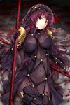  armor artist_name bangs bodysuit breasts covered_navel fate/grand_order fate_(series) gae_bolg highres holding holding_weapon large_breasts long_hair looking_at_viewer lying on_back pauldrons polearm purple_bodysuit purple_hair red_eyes rei_kun scathach_(fate)_(all) scathach_(fate/grand_order) shoulder_armor solo spear veil very_long_hair watermark weapon web_address 