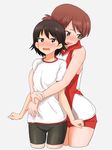  arm_grab bangs bike_shorts black_shorts blush brown_eyes brown_hair cowboy_shot cropped_legs eyebrows_visible_through_hair girls_und_panzer grey_background groin gym_shirt gym_uniform highres hug hug_from_behind isobe_noriko kawanishi_shinobu looking_at_viewer looking_to_the_side multiple_girls open_mouth red_shirt red_shorts shirt short_hair short_ponytail short_shorts short_sleeves shorts sleeveless sleeveless_shirt sportswear standing sweatdrop swept_bangs t-shirt uasi volleyball_uniform wavy_mouth white_shirt yuri 