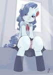  2017 blue_eyes blush bow clothed clothing cute equine eyelashes eyeshadow female flower flower_in_hair friendship_is_magic full-length_portrait fully_clothed hair half-closed_eyes horn inside japanese_text legwear looking_at_viewer makeup mammal mascara my_little_pony panties plant portrait purple_hair rarity_(mlp) ribbons shirt signature sitting skirt smile solo stockings sunlight text thick_thighs underwear unicorn window yanamosuda 