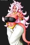  &gt;:d 1girl ahoge android_21 baggy_pants bandeau black_nails black_sclera bracelet breasts cleavage dragon_ball dragon_ball_fighterz earrings erect_nipples harem_pants hoop_earrings jewelry large_breasts long_hair looking_at_viewer majin_android_21 nail_polish navel pants pink_skin pointy_ears red_eyes smile solo strapless tail tubetop very_long_hair white_hair witchking00 
