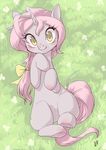  2017 blush bow cute cutie_mark equine eyelashes fan_character female field flower full-length_portrait green_eyes hair hair_bow hair_ribbon horn japanese_text looking_at_viewer lying makeup mammal mascara my_little_pony nude on_back outside pink_hair plant portrait ribbons signature smile solo text unicorn yanamosuda yellow_eyes 