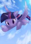  2017 cloud cute cutie_mark equine eyelashes feathered_wings feathers female flying friendship_is_magic full-length_portrait hair horn japanese_text makeup mammal mascara multicolored_hair my_little_pony outside portrait purple_eyes signature sky smile solo suspended_in_midair text twilight_sparkle_(mlp) winged_unicorn wings yanamosuda 