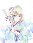  arrow artist_name ayase_eli bell blonde_hair blue_eyes blue_kimono bow bug butterfly commentary english_commentary eyebrows_visible_through_hair floral_print flower green_bow hair_between_eyes hair_bow hair_flower hair_ornament hamaya holding_arrow insect japanese_clothes kimono long_hair looking_at_viewer love_live! love_live!_school_idol_project new_year red_ribbon ribbon shino_(shinderera) smile solo tied_hair upper_body white_background 