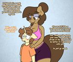  anthro big_breasts blue_eyes breasts brown_eyes brown_hair cleavage clothed clothing duo english_text equine eyebrows eyelashes fan_character female georgia_lockheart hair horn male mammal midriff my_little_pony oliver_cotter open_mouth shorts stunnerpony sweat teeth text tongue unicorn 