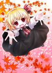  autumn_leaves black_footwear black_skirt blonde_hair cravat dress_shirt eyelashes fang flying foreshortening gradient gradient_background hair_ribbon leaf long_sleeves looking_at_viewer maple_leaf open_hands open_mouth outstretched_arms pink_background reaching_out red_eyes red_neckwear ribbon rumia shirt short_hair skirt solo touhou tsukiori_sasa waistcoat 