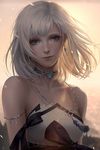  armlet artist_name bare_shoulders blue_eyes blurry blurry_background choker chuby_mi closed_mouth collarbone dress earrings final_fantasy final_fantasy_xiv highres hyur jewelry lips looking_at_viewer necklace realistic short_hair smile solo strapless strapless_dress upper_body white_hair wind 