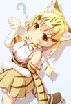  :o ? animal_ears bangs bare_shoulders blonde_hair blue_background blush bow bowtie brown_eyes brown_hair brown_skirt cat_ears cat_girl cat_tail commentary_request dutch_angle elbow_gloves eyebrows_visible_through_hair gloves hair_between_eyes high-waist_skirt kemono_friends looking_at_viewer mizutan64 multicolored_hair parted_lips pleated_skirt sand_cat_(kemono_friends) shirt sidelocks simple_background skirt sleeveless sleeveless_shirt solo striped_tail tail white_gloves white_shirt 