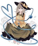  belt black_hat blue_belt blue_eyes bow breasts buttons closed_mouth collarbone collared_shirt cropped_legs flower frilled_shirt_collar frilled_skirt frills green_skirt hat hat_bow heart heart_of_string jitome komeiji_koishi long_sleeves looking_at_viewer medium_hair minamiya_mia outline rose shirt silver_hair skirt skirt_lift small_breasts smile solo stitches sun_hat third_eye touhou white_background yellow_bow yellow_shirt 