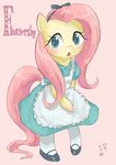  &lt;3 2017 :o alice_(alice_in_wonderland) alice_in_wonderland blush bow clothed clothing costume cute dress equine eyelashes female fluttershy_(mlp) footwear friendship_is_magic full-length_portrait fully_clothed hair hairband horse japanese_text legwear looking_at_viewer makeup mammal mascara my_little_pony pink_background pink_hair pony portrait shoes signature simple_background solo standing stockings teal_eyes text yanamosuda 
