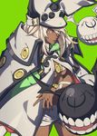  belt beltbra breasts cape clover colored_eyelashes commentary_request creature dark_skin four-leaf_clover green_background guilty_gear guilty_gear_xrd hat highres looking_at_viewer medium_breasts orange_eyes platinum_blonde_hair ramlethal_valentine sharp_teeth short_shorts shorts simple_background solo teeth thigh_strap underboob westxost_(68monkey) white_hair 