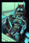  anthro armor blue_eyes breasts canine chair clothed clothing computer eyewear fangs female glasses grin keyboard knight_dd looking_at_viewer mammal pasties pussy sitting skimpy smile solo unconvincing_armor underwear 