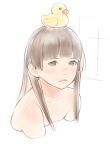  1girl absurdres bangs bath bathing bathtub blunt_bangs brown_eyes brown_hair closed_mouth commentary english_commentary highres jeff_macanoli light_smile long_hair looking_at_viewer nude original partially_translated rubber_duck smile solo translation_request 