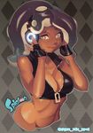  bare_arms bare_shoulders black_gloves black_vest breasts cephalopod_eyes collarbone copyright_name crop_top cropped_torso cropped_vest dark_skin emma_noorman fingerless_gloves gloves green_eyes green_hair hands_on_headphones hands_up headphones high_collar highres iida_(splatoon) lips long_hair looking_at_viewer medium_breasts mole mole_under_mouth multicolored_hair octarian pink_pupils purple_hair smile solo splatoon_(series) splatoon_2 stomach suction_cups tentacle_hair twitter_username unzipped upper_body vest zipper zipper_pull_tab 