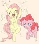  2017 blue_eyes blush cheering confetti cute cutie_mark duo earth_pony equine eyelashes eyes_closed female fluttershy_(mlp) friendship_is_magic full-length_portrait hair happy horse japanese_text looking_at_viewer makeup mammal mascara my_little_pony navel nude open_mouth open_smile pink_hair pinkie_pie_(mlp) pony portrait shy signature simple_background smile standing teeth text tongue yanamosuda yellow_background 
