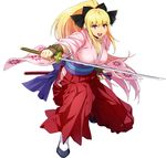  blonde_hair breasts cosplay eyebrows_visible_through_hair full_body hakama high_ponytail holding holding_sheath japanese_clothes katana large_breasts long_hair looking_at_viewer obi official_art open_mouth red_eyes sakura_taisen sash scabbard shatte_judevesten sheath shinguuji_sakura simple_background solo squatting super_robot_wars super_robot_wars_x-omega sword upper_teeth watanabe_wataru weapon white_background 