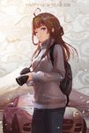  2018 ;3 ahoge alternate_costume aran_sweater backpack bag blush brown_hair camera car casual commentary_request contemporary denim fine_fabric_emphasis ground_vehicle hair_bun hairband happy_new_year jaguar_(car) jaguar_f-type_r jeans kantai_collection kongou_(kantai_collection) long_hair long_sleeves looking_at_viewer motor_vehicle mount_fuji mountain new_year one_eye_closed pants purple_eyes remodel_(kantai_collection) single-lens_reflex_camera smile snow snowing solo sweater tantaka turtleneck turtleneck_sweater vehicle_request 