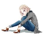  black_scarf blonde_hair bracelet brown_footwear denim earrings from_side hand_on_own_knee high_heels jeans jewelry knee_up long_sleeves looking_at_viewer open_mouth original pants purple_eyes scarf shiina_kuro short_hair simple_background sitting smile solo white_background 