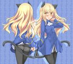  animal_ears aohashi_ame ass black_legwear blonde_hair blue_background buttons cat_ears cat_tail eyebrows_visible_through_hair from_behind highres long_hair long_sleeves looking_at_viewer military military_uniform multiple_views no_pants panties panties_under_pantyhose pantyhose perrine_h_clostermann strike_witches tail underwear uniform world_witches_series yellow_eyes 