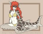  anthro athletic bikini breasts cleavage clothed clothing dtalvi ear_piercing female fish hair invalid_color invalid_tag kneeling looking_at_viewer marine midriff navel piercing red_hair shark sharp_teeth smile solo spots stripes swimsuit teeth 