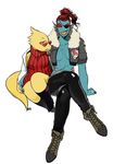  2016 alphys_(underfell) alternate_universe anthro blue_skin breasts cleavage clothed clothing duo eye_patch eyewear fan_character female female/female fish glasses grin hair hi_res jacket kkhoppang long_hair marine red_hair scar simple_background sitting smile sweater underfell undertale undyne_(underfell) video_games yellow_skin 