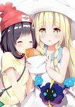  akiori_koromo beanie black_hair blonde_hair blush braid closed_eyes cosmog dress eating gen_7_pokemon green_eyes hat lillie_(pokemon) long_hair malasada mizuki_(pokemon) multiple_girls open_mouth pokemon pokemon_(creature) pokemon_(game) pokemon_sm red_hat short_hair short_sleeves sleeveless sleeveless_dress sun_hat twin_braids white_dress white_hat 