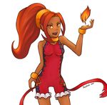  bodysuit bracelets dark_skin din fire jewelry legs long_hair long_ponytail magic open_mouth pointy_ears ponytail red_eyes skin_tight the_legend_of_zelda tongue_out 
