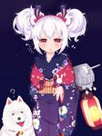  ? animal animal_ears azur_lane bell blue_kimono blush bow bunny_ears cannon chick_print commentary dog double_bun fingernails floral_print flying_sweatdrops hair_bow hairband highres japanese_clothes jingle_bell kimono laffey_(azur_lane) lantern long_sleeves looking_at_viewer obi paper_lantern parted_lips print_kimono purple_background red_bow red_eyes red_hairband sash side_bun sidelocks solo sonodaeri sweat tears tongue tongue_out trembling turret wide_sleeves 