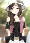  bare_shoulders black_bow black_shirt blurry blush bow brown_eyes collarbone day depth_of_field hat head_tilt kanno_sayu kimi_no_na_wa long_hair looking_at_viewer off-shoulder_shirt okudera_miki outdoors parted_lips shirt smile solo white_hat 