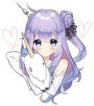  :&lt; azur_lane bare_shoulders blush closed_mouth cropped_torso elbow_gloves eyebrows_visible_through_hair gloves hair_between_eyes hair_bun heart kanno_sayu long_hair looking_at_viewer one_side_up purple_eyes purple_hair solo stuffed_alicorn stuffed_animal stuffed_toy unicorn_(azur_lane) upper_body white_background white_gloves 