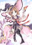  :d artist_name bangs black_footwear boots brown_eyes brown_hair cardcaptor_sakura cherry_blossoms commentary_request eyebrows_visible_through_hair flying frilled_shirt frills full_body fuuin_no_tsue gloves granblue_fantasy hat highres kinomoto_sakura kuroi_mimei looking_at_viewer magical_girl miniskirt neckerchief open_mouth overskirt parted_lips pleated_skirt red_neckwear sailor_collar shirt short_hair short_sleeves signature sketch skirt smile solo striped striped_skirt thigh_boots thighhighs traditional_media warlock_(granblue_fantasy) white_gloves white_shirt white_skirt wind witch_hat 