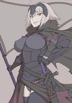  ahoge armor armored_dress black_dress black_gloves black_legwear breasts cape chain commentary_request covered_nipples dress eyebrows_visible_through_hair fate/grand_order fate_(series) flag fur_trim gauntlets gloves hand_on_hip headpiece highres jeanne_d'arc_(alter)_(fate) jeanne_d'arc_(fate)_(all) large_breasts looking_at_viewer mikoyan short_hair silver_hair simple_background solo standing sword thighhighs weapon yellow_eyes 