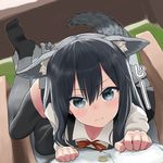  admiral_(kantai_collection) animal_ears asashio_(kantai_collection) black_hair black_legwear blue_eyes commentary dog_ears dog_tail eyebrows_visible_through_hair kantai_collection kemonomimi_mode kuronaga long_hair looking_at_viewer neck_ribbon no_shoes out_of_frame paw_pose pov red_ribbon remodel_(kantai_collection) ribbon sitting sitting_on_lap sitting_on_person solo_focus tail thighhighs zettai_ryouiki 