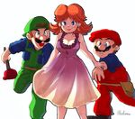  1girl 2boys arm_grab backwards_hat bare_shoulders baseball_cap blue_eyes breasts brown_hair cabbie_hat cleavage closed_mouth dress earrings facial_hair fanny_pack green_hat holding jewelry large_breasts lips long_hair looking_at_another luigi mario mario_(series) multiple_boys mustache nm_qi open_mouth plunger princess_daisy red_hat short_sleeves simple_background sleeveless sleeveless_dress smile standing standing_on_one_leg super_mario_bros. super_mario_land teeth twitter_username white_background wristwatch 