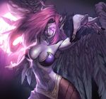  1girl breasts claws cleavage glowing_eyes league_of_legends lips morgana morgana_(league_of_legends) pointy_ears purple_hair solo wings 