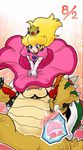  1boy 1girl blonde_hair blue_eyes blush bowser bracelet claws collar crown dress earrings elbow_gloves falling fruit heart high_heels jewelry lips long_hair mario_(series) mini_crown nm_qi number open_mouth orange_hair outstretched_arms peach pink_dress princess_peach puffy_short_sleeves puffy_sleeves scales shoes short_sleeves spiked_bracelet spikes spoken_blush super_mario_bros. sweat tail teeth white_gloves 