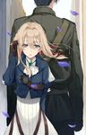  1girl back-to-back black_hair blonde_hair blue_eyes brooch gilbert_bougainvillea highres jewelry military military_uniform mosso1120 uniform violet_evergarden violet_evergarden_(character) 