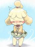  animal_crossing bell blonde_hair blue_background blush clothing clothing_lift embarrassed eyes_closed fallinnight feet female full_body hair isabelle_(animal_crossing) jacket nintendo open_mouth panties pawpads ribbons short_hair simple_background skirt skirt_lift solo standing underwear upskirt video_games wind_lift 