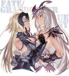  ahoge annoyed bare_shoulders black_gloves blonde_hair breasts chin_hold cleavage clothes_grab collarbone crossover dark_jeanne fate/grand_order fate_(series) feathers gloves granblue_fantasy hair_between_eyes hair_ornament hand_on_another's_face headpiece holy_pumpkin jeanne_d'arc_(alter)_(fate) jeanne_d'arc_(fate)_(all) jeanne_d'arc_(granblue_fantasy) long_hair medium_breasts multiple_girls namesake red_eyes smile smirk strap_pull upper_body white_background white_hair yellow_eyes 