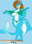  2017 anthro big_breasts bikini blue_skin breasts brown_hair clothed clothing dekomaru female fish hair hi_res marine navel open_mouth purple_eyes shark solo swimsuit thehotroom white_belly 