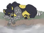  digital_media_(artwork) feral fur grass grey_fur hyena lying mammal paws reedflower solo water yellow_eyes yellow_nose 
