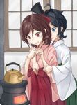  bangs black_hair bow brown_hair commentary_request cowboy_shot drill_hair green_hakama hair_bow hakama harukaze_(kantai_collection) hat hug hug_from_behind japanese_clothes kantai_collection kettle kimono matsukaze_(kantai_collection) mayura2002 meiji_schoolgirl_uniform mini_hat mini_top_hat multiple_girls pink_hakama pink_kimono red_bow red_eyes red_hakama short_hair stove swept_bangs top_hat twin_drills window 