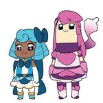  bkub_(style) blue_eyes blue_hair bow chibi dark_skin heart heartful_punch mary_cagle multiple_girls parody pink_hair poptepipic scarf sleepless_domain undine_wells 